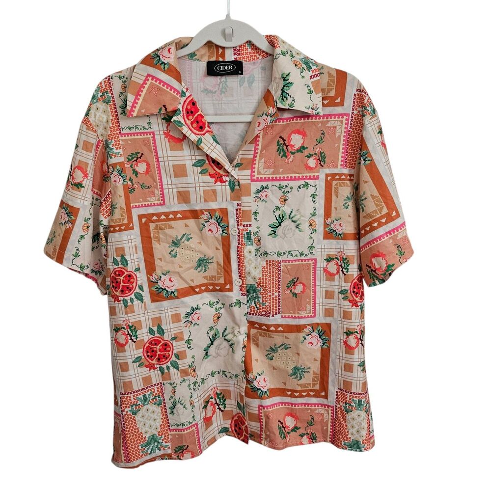 Cider Blouse Small Floral & Fruit Oversized Button-Up Short Sleeve Collared